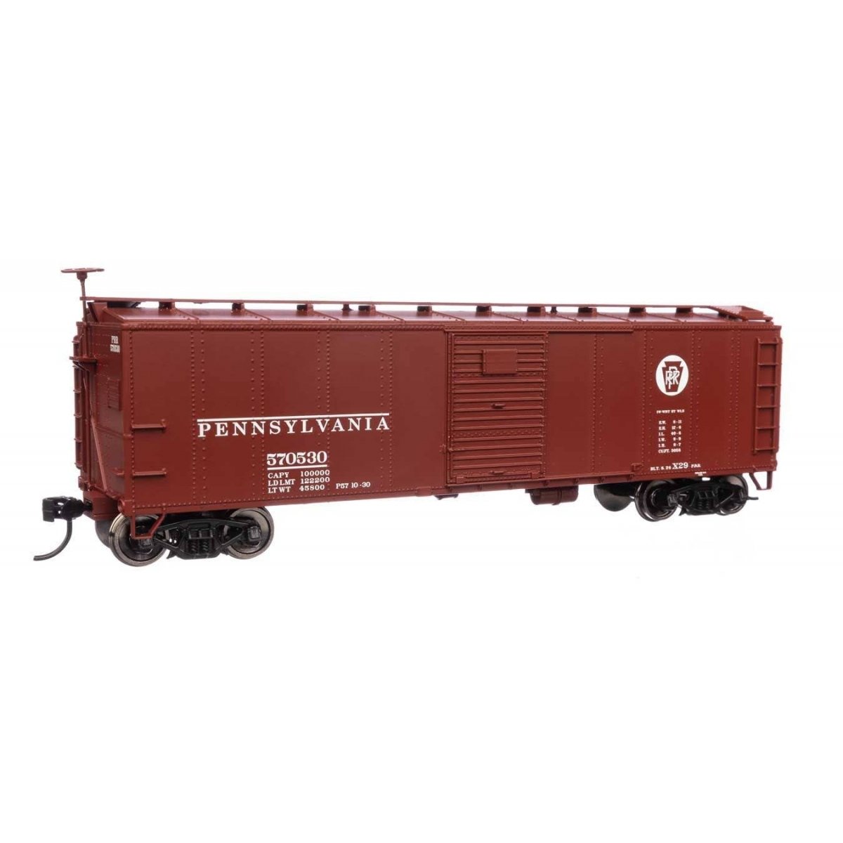 40′ Early X29 Boxcar - Ready to Run -- Pennsylvania Railroad 570530 Circle Keystone (Tuscan, white)