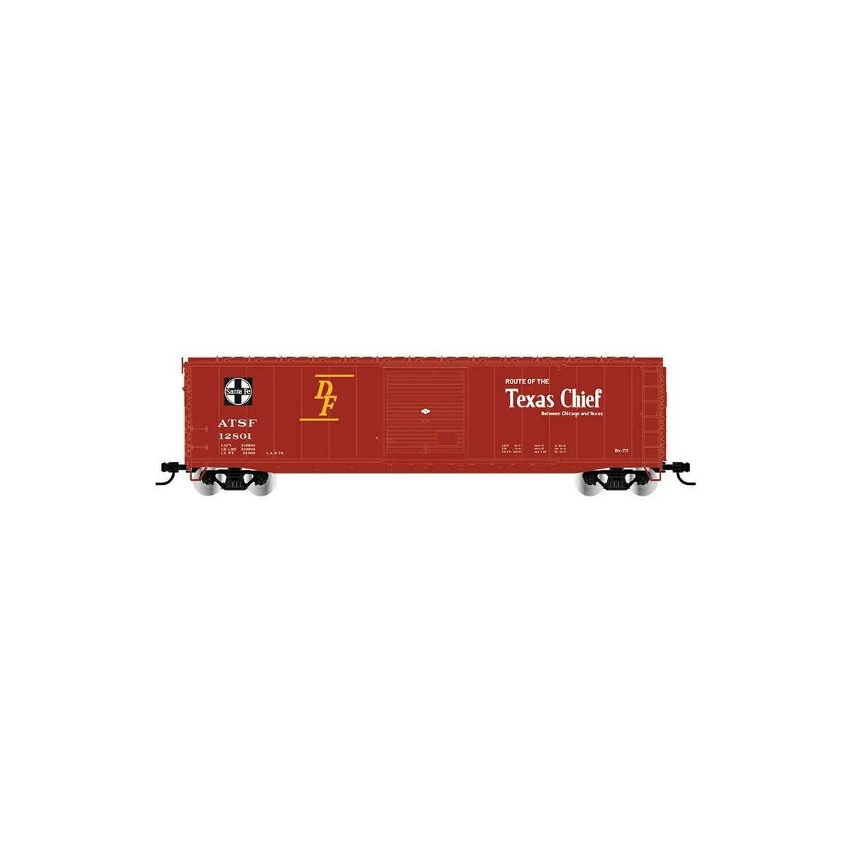 50′ Single-Door Boxcar No Roofwalk - Ready to Run -- Santa Fe 12821 (Boxcar Red, Texas Chief Slogan)