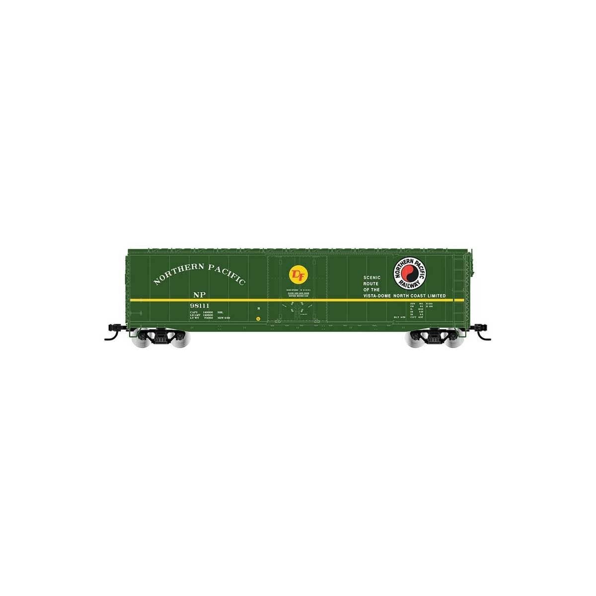 50′ Plug-Door Boxcar No Roofwalk - Ready to Run -- Northern Pacific 98149 (green, yellow, North Coast Slogan, Monad)