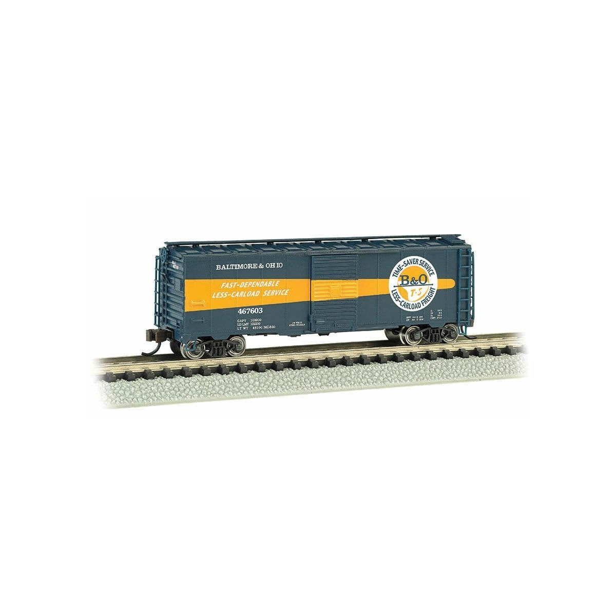 AAR 40′ Steel Boxcar - Ready to Run - Silver Series(R) -- Baltimore & Ohio 467603 (Timesaver Scheme, blue, orange)