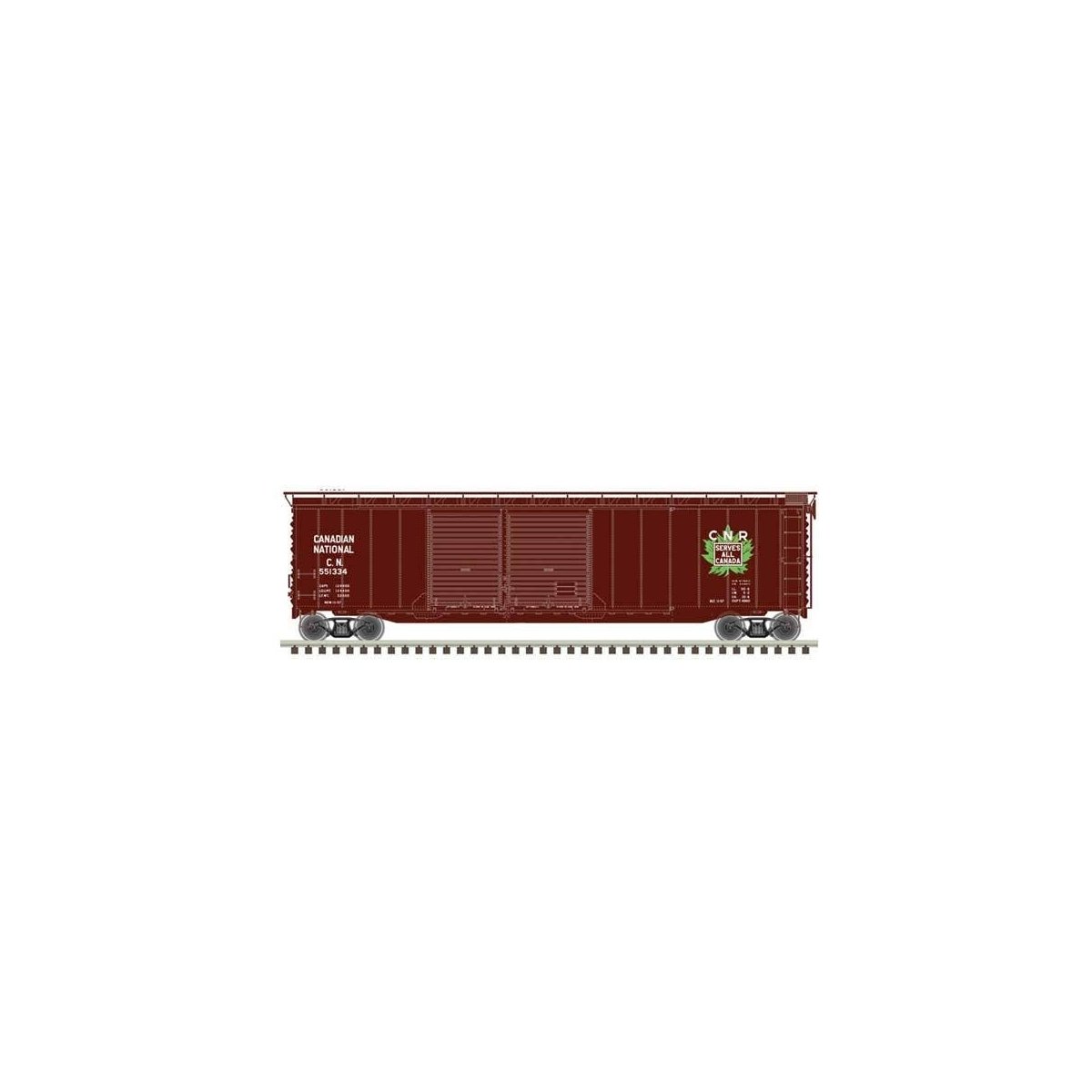 Postwar 50′ Double-Door Boxcar - Ready to Run - Master(R) -- Canadian National 551321 (Boxcar Red, white, green, Leaf Logo)