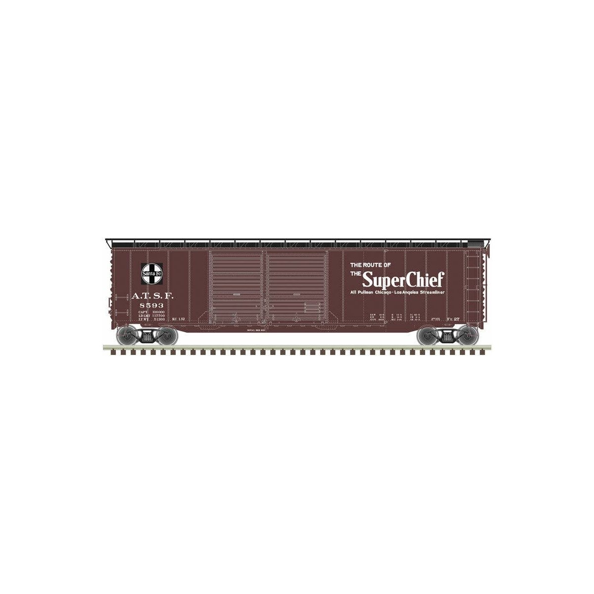 Postwar 50′ Double-Door Boxcar - Ready to Run - Master(R) -- Santa Fe 8593 (Boxcar Red, black, white, Super Chief)