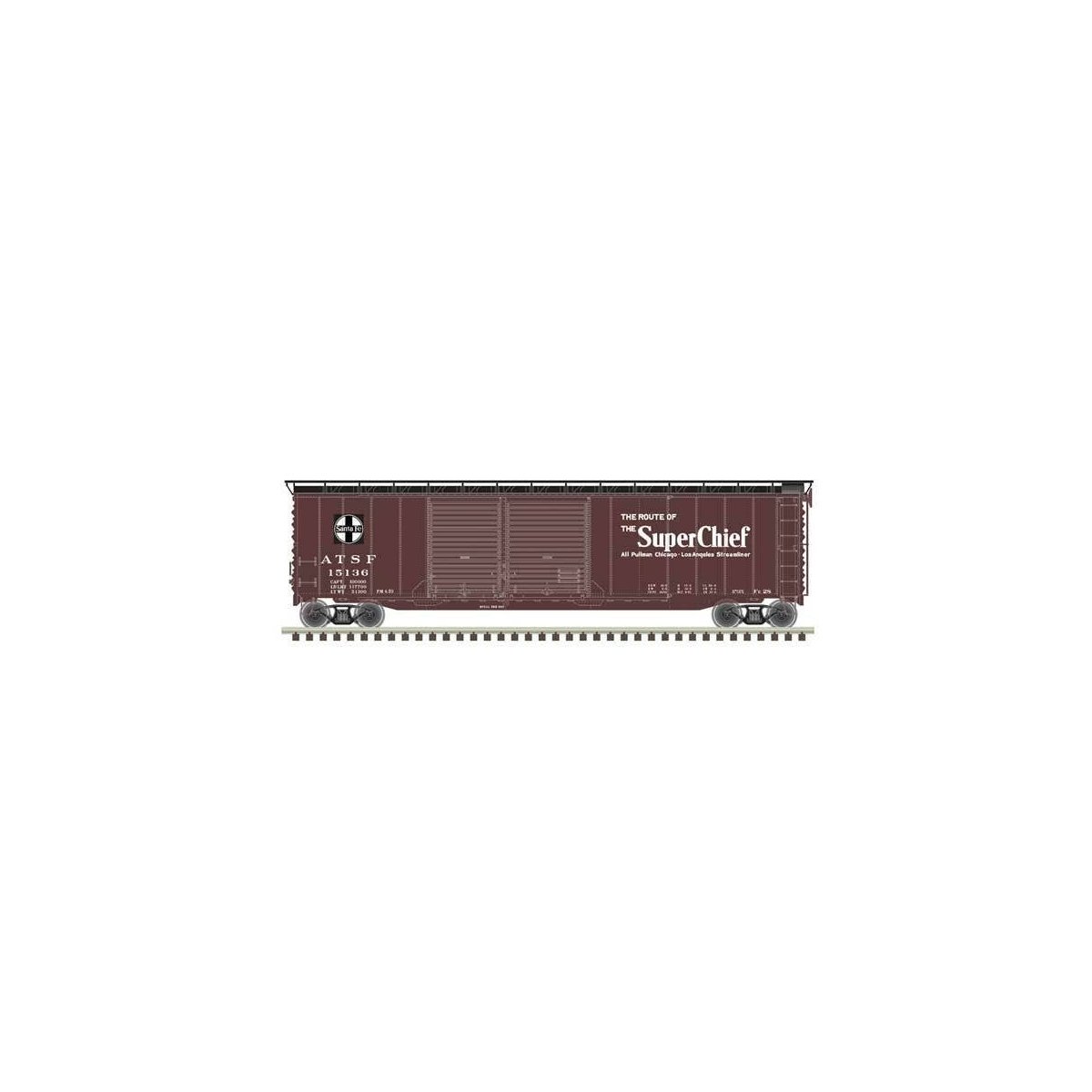 Postwar 50′ Double-Door Boxcar - Ready to Run - Master(R) -- Santa Fe 15136 (Boxcar Red, black, white, Super Chief)