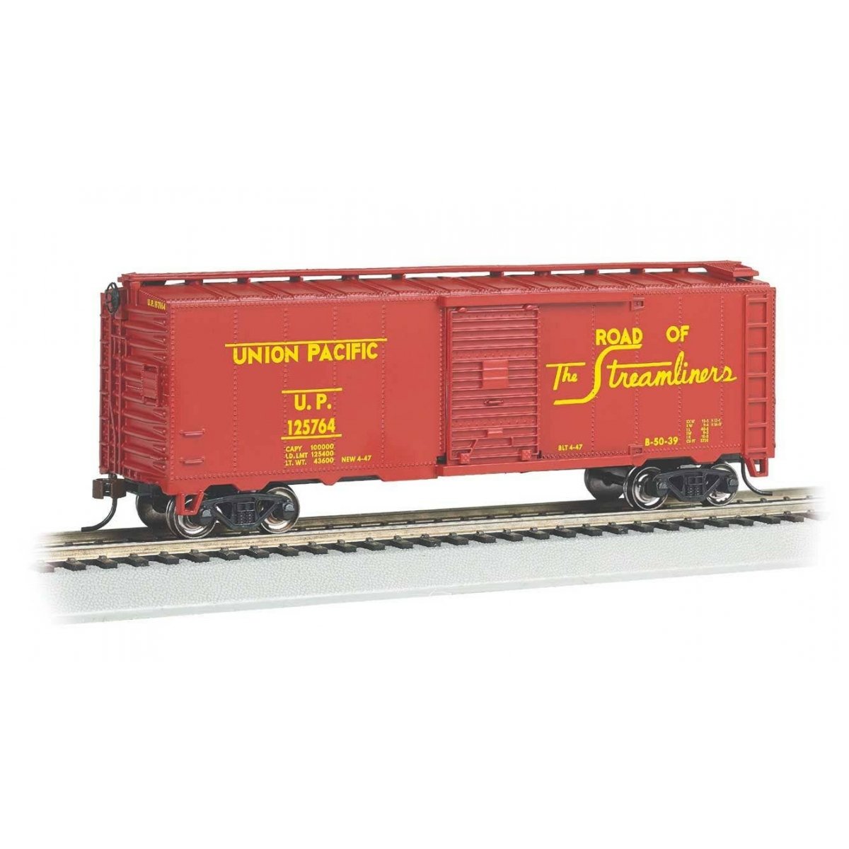 Steam-Era 40′ Steel Boxcar - Ready to Run - Silver Series(R) -- Union Pacific 125764 (Boxcar Red, yellow, Streamliners Slogan)