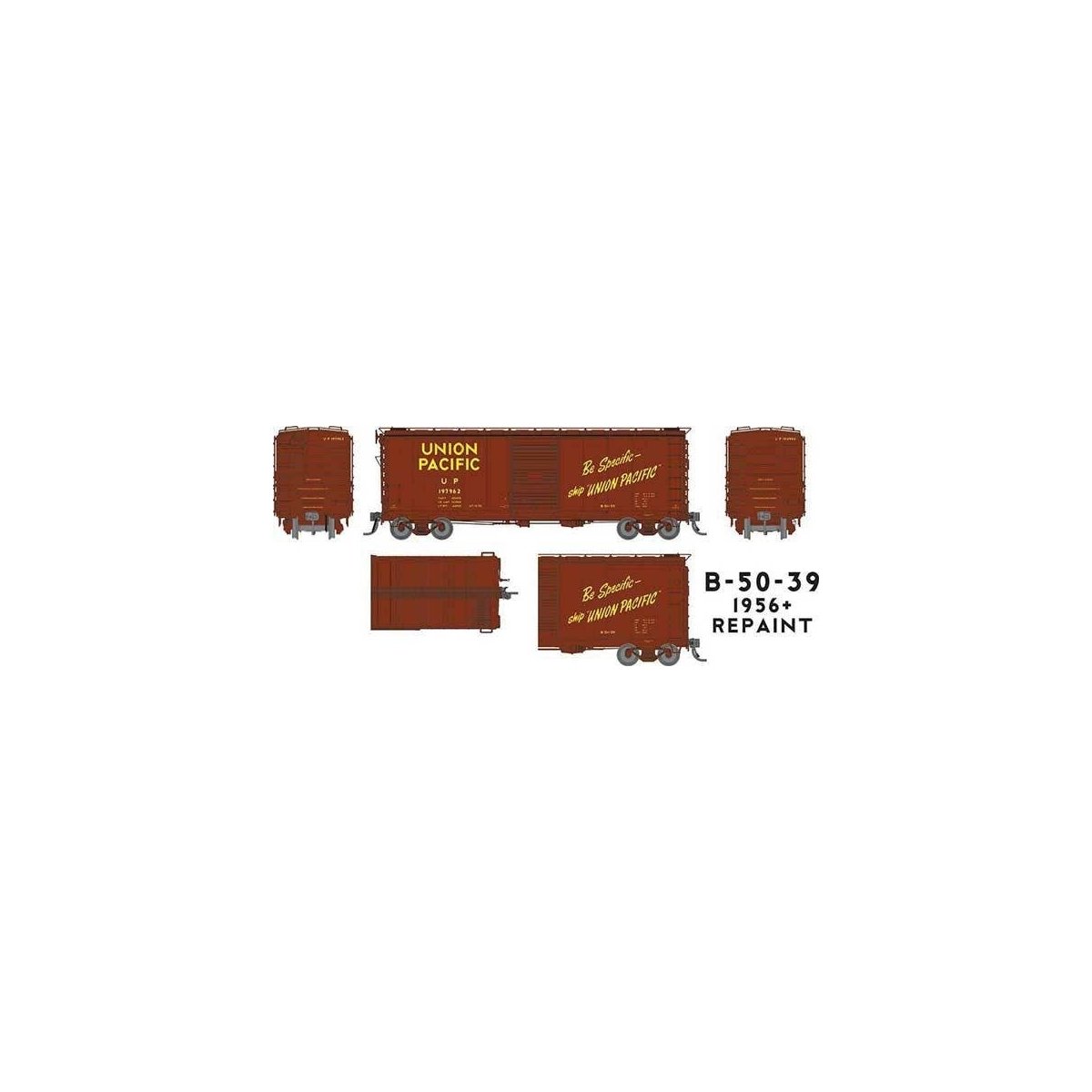 UP Class B-50-39 40′ Boxcar 6-Pack - Ready to Run -- Union Pacific (1956 Repaint, Boxcar Red, Be Specific Slogan)