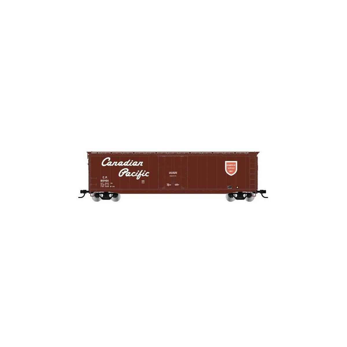 50′ Plug-Door Boxcar w/Roofwalk - Ready to Run -- Canadian Pacific 80901 (Boxcar Red, red, white, Script Lettering, Newsprint