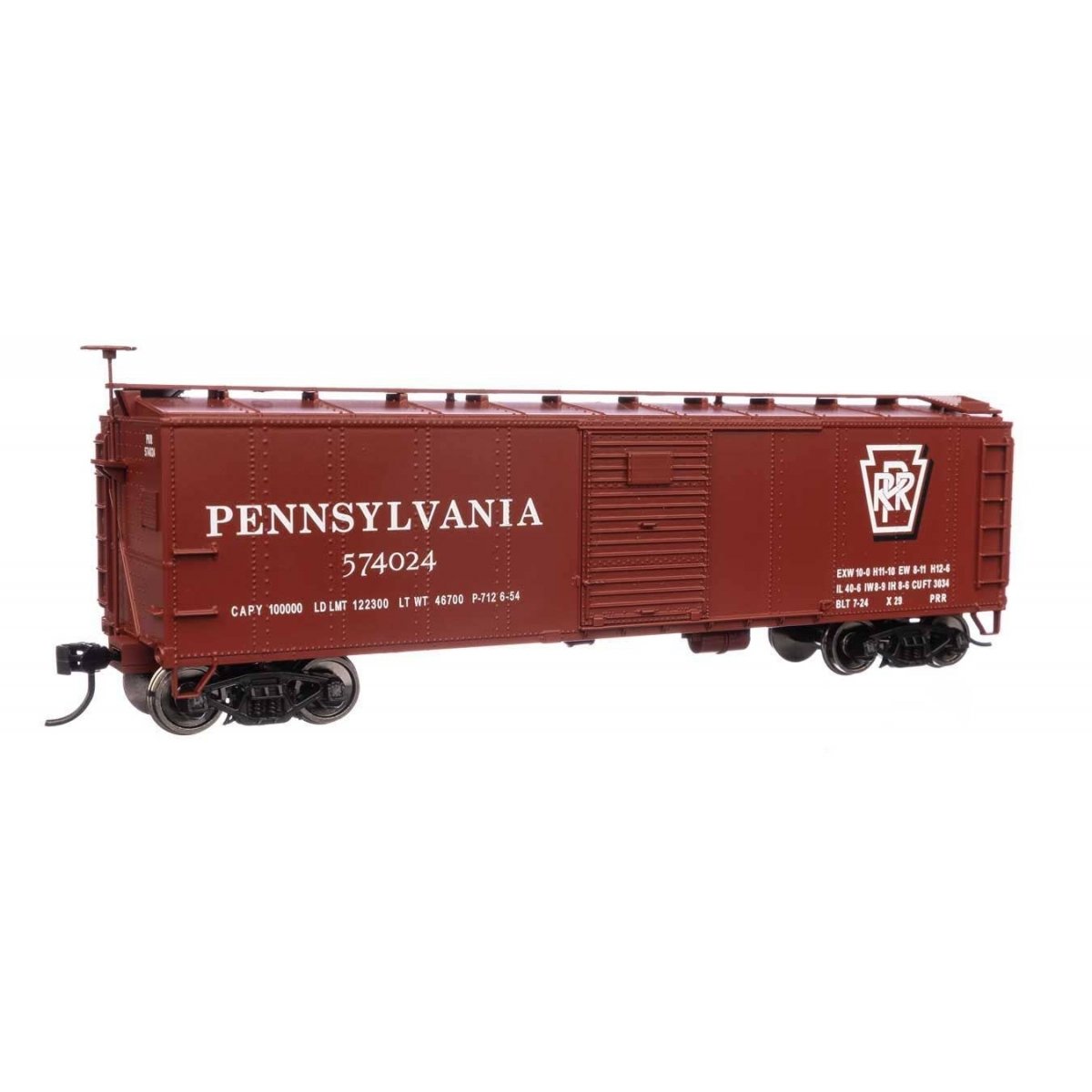 40′ Early X29 Boxcar - Ready to Run -- Pennsylvania Railroad 574024 Shadow Keystone (Tuscan, white)