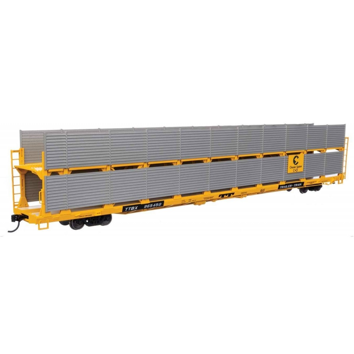 89′ Flatcar w/Bi-Level Shielded Auto Rack - Ready to Run -- Chesapeake & Ohio Rack / Trailer-Train Flatcar TTBX 965450
