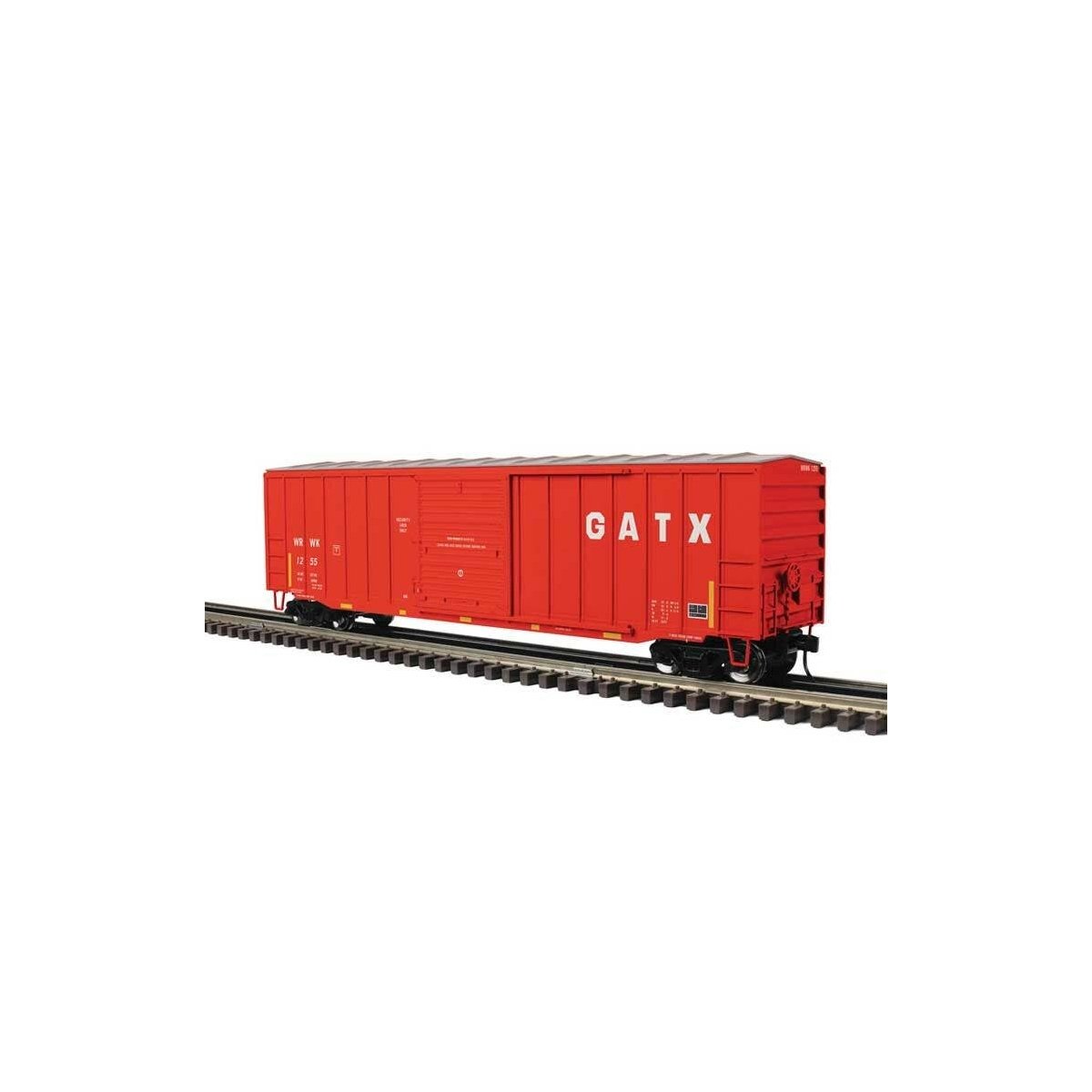 ACF 50′6′ Boxcar - 3-Rail - Ready to Run - Trainman(R) -- GATX Leasing (Boxcar Red, yellow conspicuity marks)