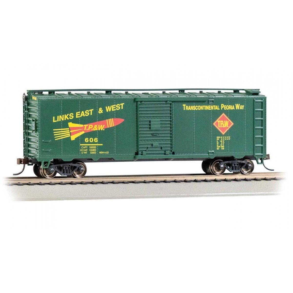 Pullman-Standard PS-1 40′ Steel Boxcar - Ready to Run - Silver Series(R) -- Toledo, Peoria & Western 606 (green, yellow, red, 