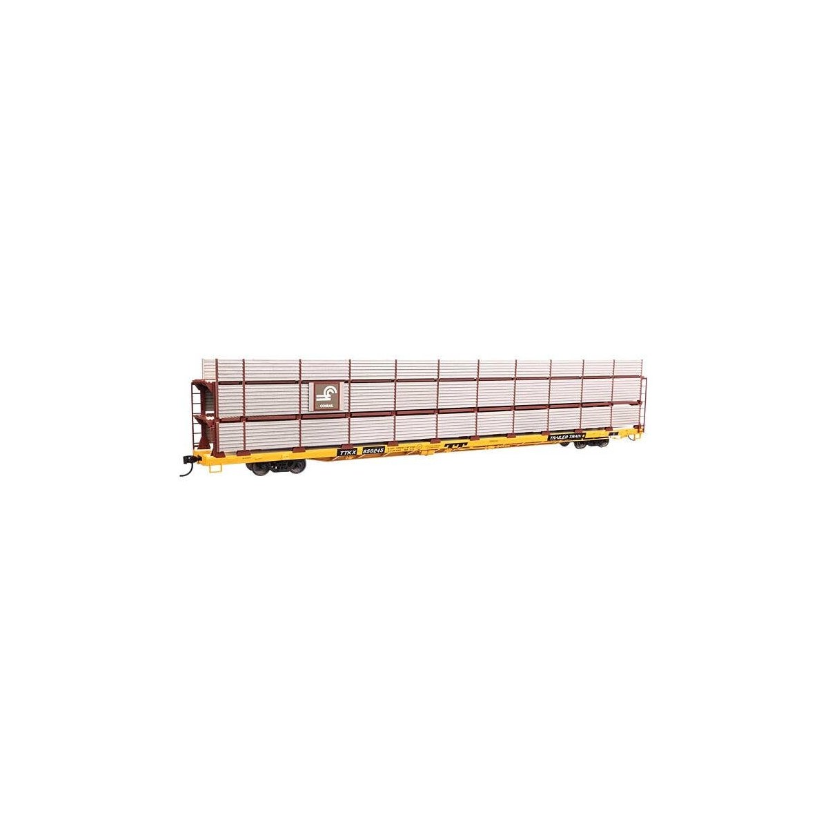89′ Flatcar w/Tri-Level Shielded Auto Rack - Ready to Run -- Conrail 850245, TTKX Flatcar (yellow), HO, 8309