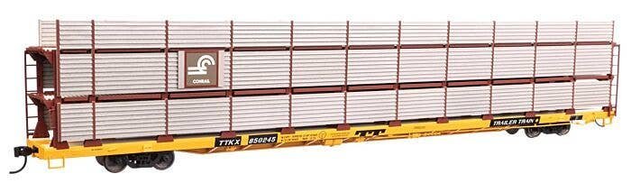 89′ Flatcar w/Tri-Level Shielded Auto Rack - Ready to Run -- Conrail 850245, TTKX Flatcar (yellow), HO, 8309