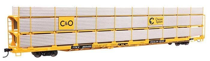 89′ Flatcar w/Tri-Level Shielded Auto Rack - Ready to Run -- Chesapeake & Ohio 850469, TTKX Flatcar (yellow), HO, 8305