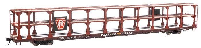 89′ Flatcar w/Tri-Level Open Auto Rack - Ready to Run -- Pennsylvania Railroad Rack Trailer-Train Flatcar 908090 (bro, HO, 82