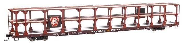 89′ Flatcar w/Tri-Level Open Auto Rack - Ready to Run -- Pennsylvania Railroad Rack Trailer-Train Flatcar 908073 (bro, HO, 82