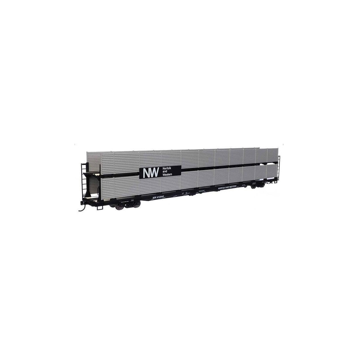 89′ Flatcar w/Bi-Level Shielded Auto Rack - Ready to Run -- Norfolk & Western Rack & Flatcar 412042, HO, 8123