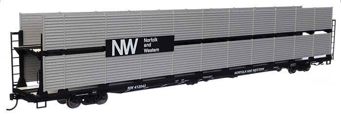 89′ Flatcar w/Bi-Level Shielded Auto Rack - Ready to Run -- Norfolk & Western Rack & Flatcar 412042, HO, 8123