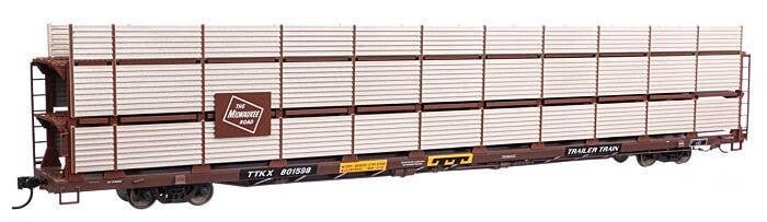 89′ Flatcar w/Tri-Level Shielded Auto Rack - Ready to Run -- Milwaukee Road 801598, TTKX Flatcar (brown), HO, 8319