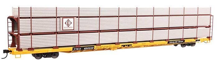 89′ Flatcar w/Tri-Level Shielded Auto Rack - Ready to Run -- Erie Lackawanna 850342, TTKX Flatcar (yellow), HO, 8316