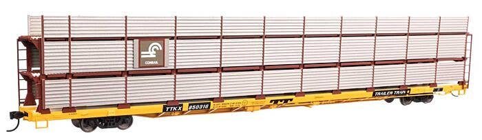 89′ Flatcar w/Tri-Level Shielded Auto Rack - Ready to Run -- Conrail 850316, TTKX Flatcar (yellow), HO, 8312