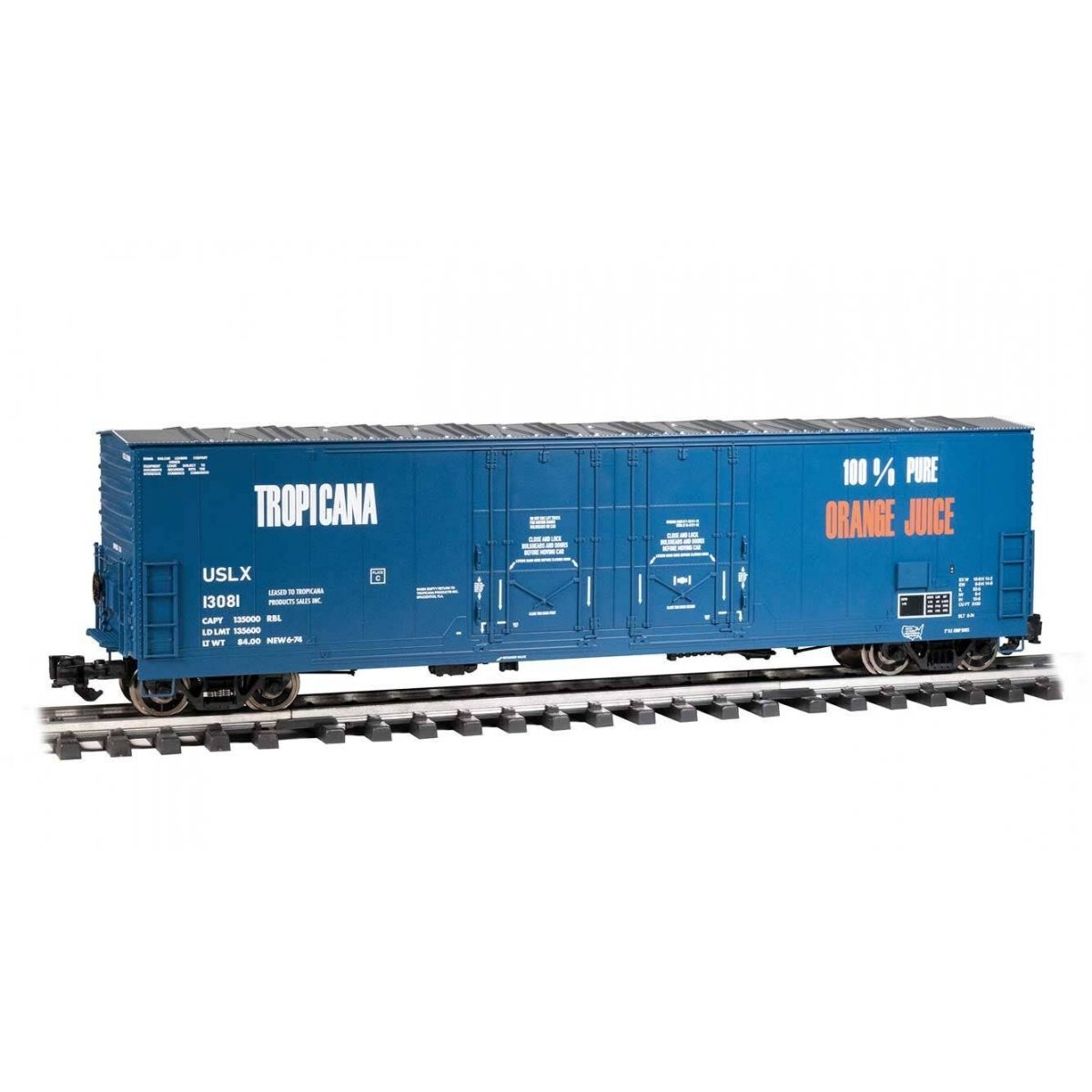 Evans 53Õ Double-Plug-Door Boxcar - Ready to Run -- Tropicana 13081 (blue, orange, white)