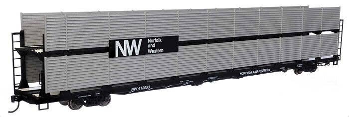89′ Flatcar w/Bi-Level Shielded Auto Rack - Ready to Run -- Norfolk & Western Rack & Flatcar 412053, HO, 8124