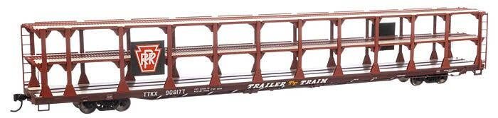 89′ Flatcar w/Tri-Level Open Auto Rack - Ready to Run -- Pennsylvania Railroad Rack Trailer-Train Flatcar 908177 (bro, HO, 82