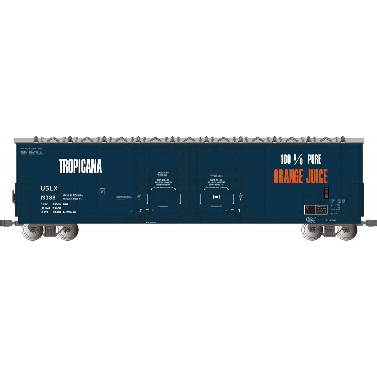Evans 53Õ Double-Plug-Door Boxcar - Ready to Run -- Tropicana 13088 (blue, orange, white)