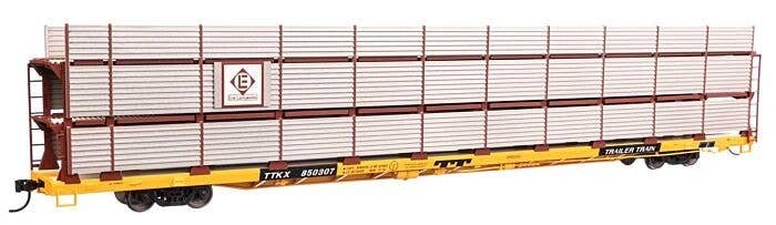 89′ Flatcar w/Tri-Level Shielded Auto Rack - Ready to Run -- Erie Lackawanna 850307, TTKX Flatcar (yellow), HO, 8315