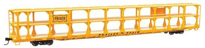 89′ Flatcar w/Tri-Level Open Auto Rack - Ready to Run -- St. Louis - San Francisco Rack Trailer-Train Flatcar 913614 , HO, 82