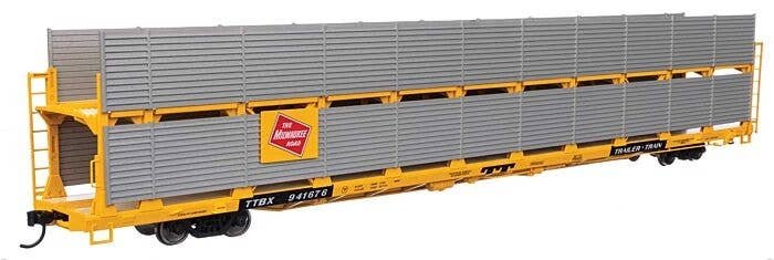 89′ Flatcar w/Bi-Level Shielded Auto Rack - Ready to Run -- Milwaukee Road Rack / Trailer-Train Flatc, HO, WalthersMainline 81
