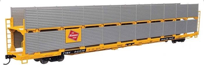 89′ Flatcar w/Bi-Level Shielded Auto Rack - Ready to Run -- Milwaukee Road Rack / Trailer-Train Flatc, HO, WalthersMainline 81