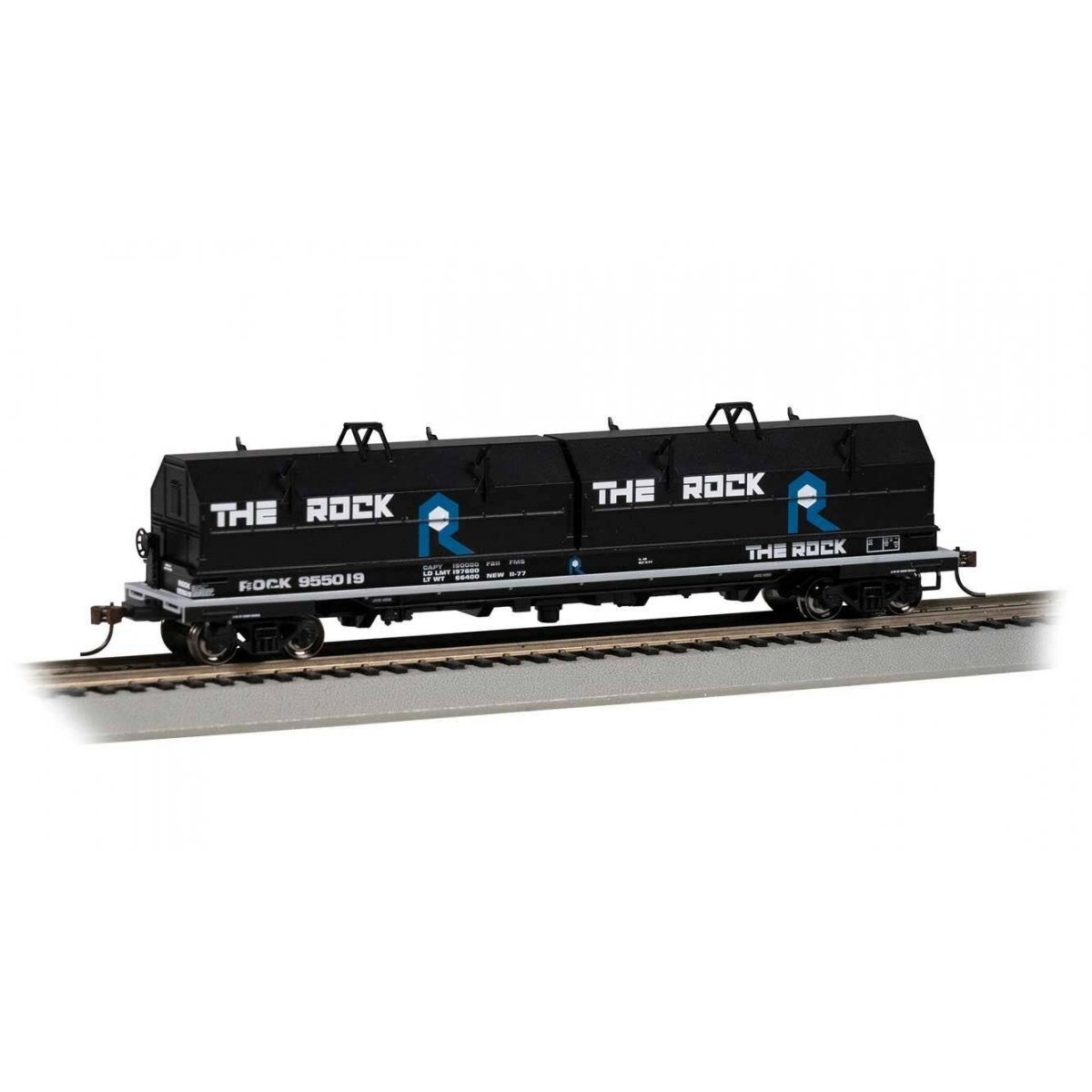 55′ Coil Car with Angled Hoods and Load - Ready to Run -- Rock Island 955019 (black, blue, white), HO, Bachmann Industries 714