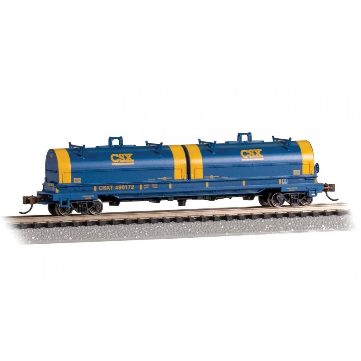 55′ Coil Car with Round Hoods and Load - Ready to Run -- CSX 496172 (blue, yellow hood ends, yellow conspicuity marks), N, Bac