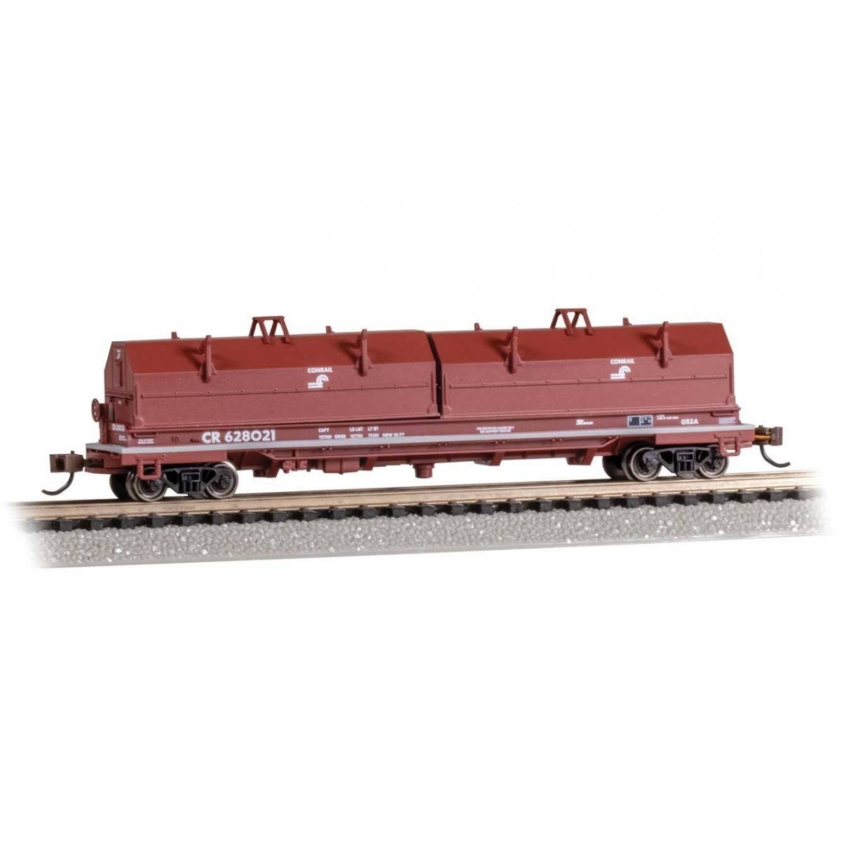 55′ Coil Car with Angled Hoods and Load - Ready to Run -- Conrail 628021 (Boxcar Red, white), N Bachmann Industries 71453