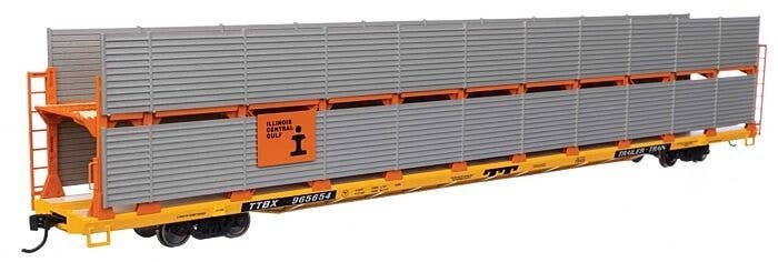 89′ Flatcar w/Bi-Level Shielded Auto Rack - Ready to Run -- Illinois Central Gulf Rack / Trailer-Trai, HO, WalthersMainline 81