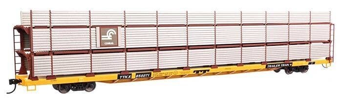 89′ Flatcar w/Tri-Level Shielded Auto Rack - Ready to Run -- Conrail 850271, TTKX Flatcar (yellow), HO, WalthersMainline 8310