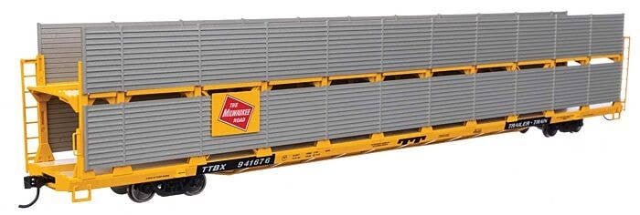 89′ Flatcar w/Bi-Level Shielded Auto Rack - Ready to Run -- Milwaukee Road Rack / Trailer-Train Flatc, HO, WalthersMainline 81