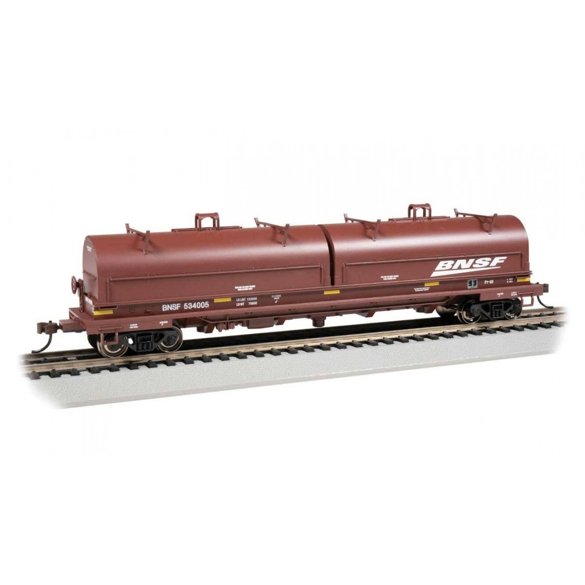 55′ Steel Steel Coil Car with Round Hoods - Ready to Run -- BNSF Railway 534005 (Boxcar Red Wedge Logo, Yellow Conspicuity Mar