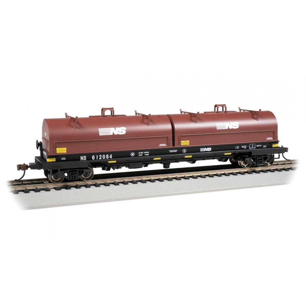 55′ Steel Steel Coil Car with Round Hoods - Ready to Run -- Norfolk Southern 612084 (black, Boxcar Red Hoods Yellow Conspicuit