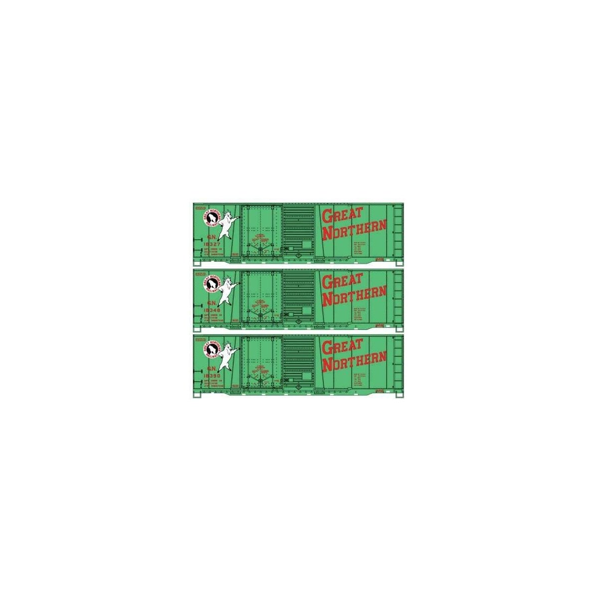 40′ Combination Door Steel Boxcar 3-Pack - Kit -- Great Northern 18327, 18345, 18390 (Jade Green, red, Standing Rocky)
