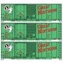 40′ Combination Door Steel Boxcar 3-Pack - Kit -- Great Northern 18327, 18345, 18390 (Jade Green, red, Standing Rocky), HO, Ac