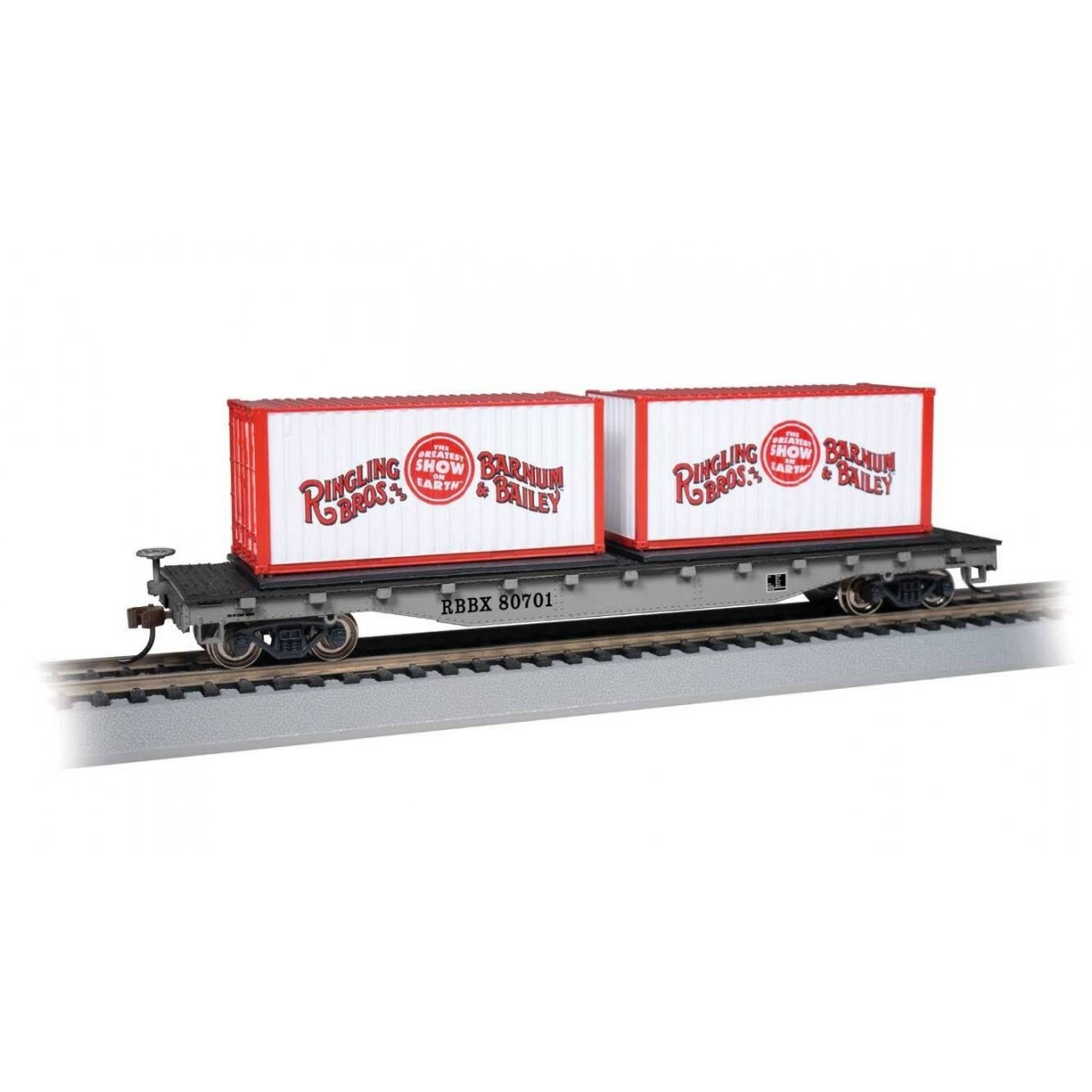 50′ Flatcar w/Containers - Ready to Run -- Ringling Bros. and Barnum & Bailey 80701 (silver, red)