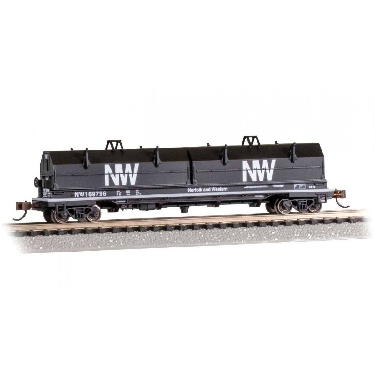 55′ Coil Car with Angled Hoods and Load - Ready to Run -- Norfolk & Western 169796 (black, white, NW Logo), N, Bachmann Indust