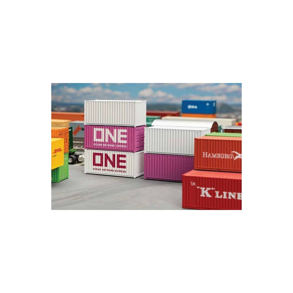 20′ Corrugated Container 5-Pack - Assembled -- ONE Ocean Network Express (1 Each: white, pink) 2 Unlettered (white), Unlet