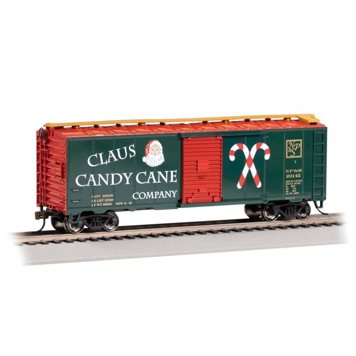 Pullman-Standard 40′ Steel Boxcar - Ready to Run - Silver Series(R) -- Claus Candy Cane Co. NP&S 20142 (green, red, white)