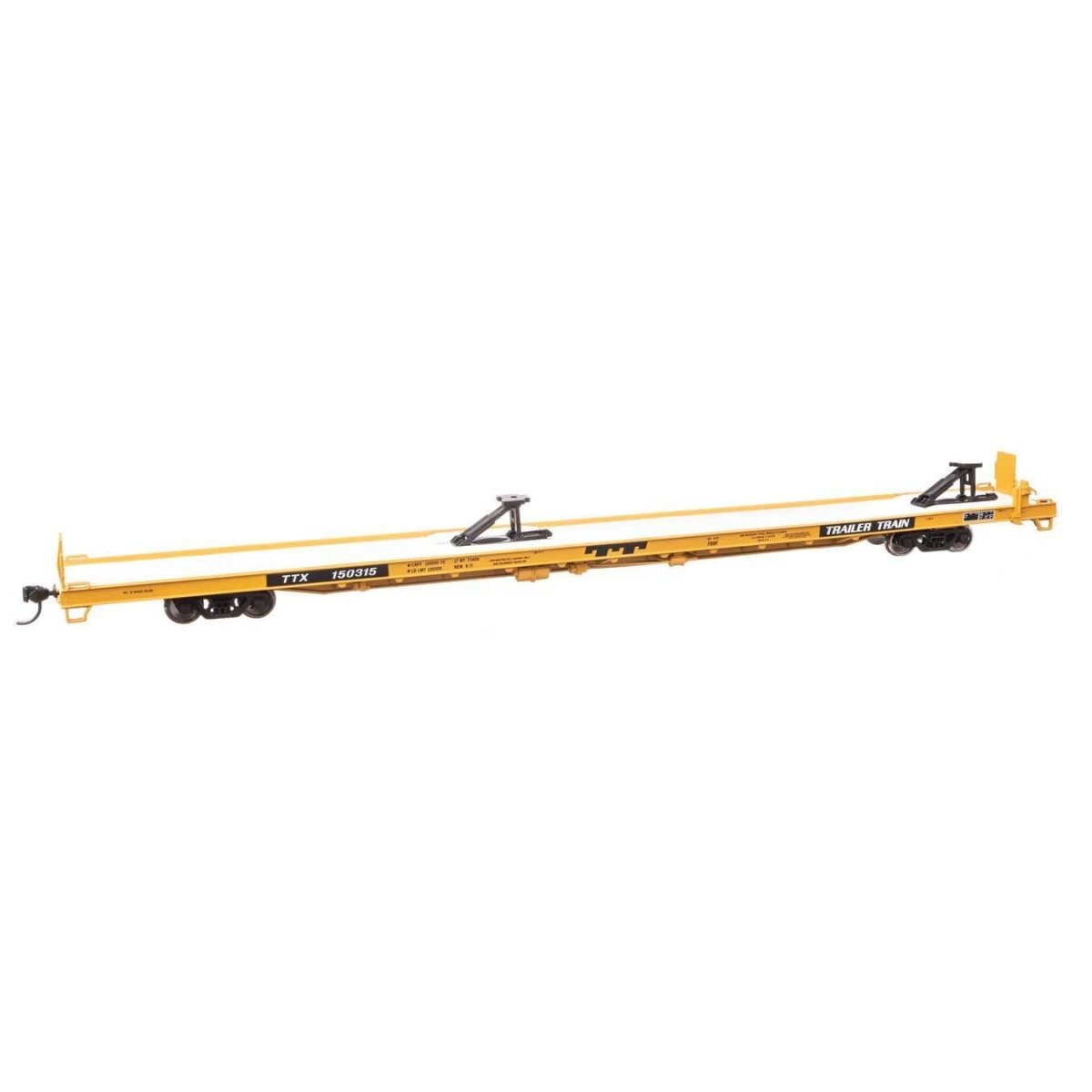 89′ Channel Side Flatcar - Ready to Run -- Trailer-Train 150315 (yellow, black 40′ Trailer Service)