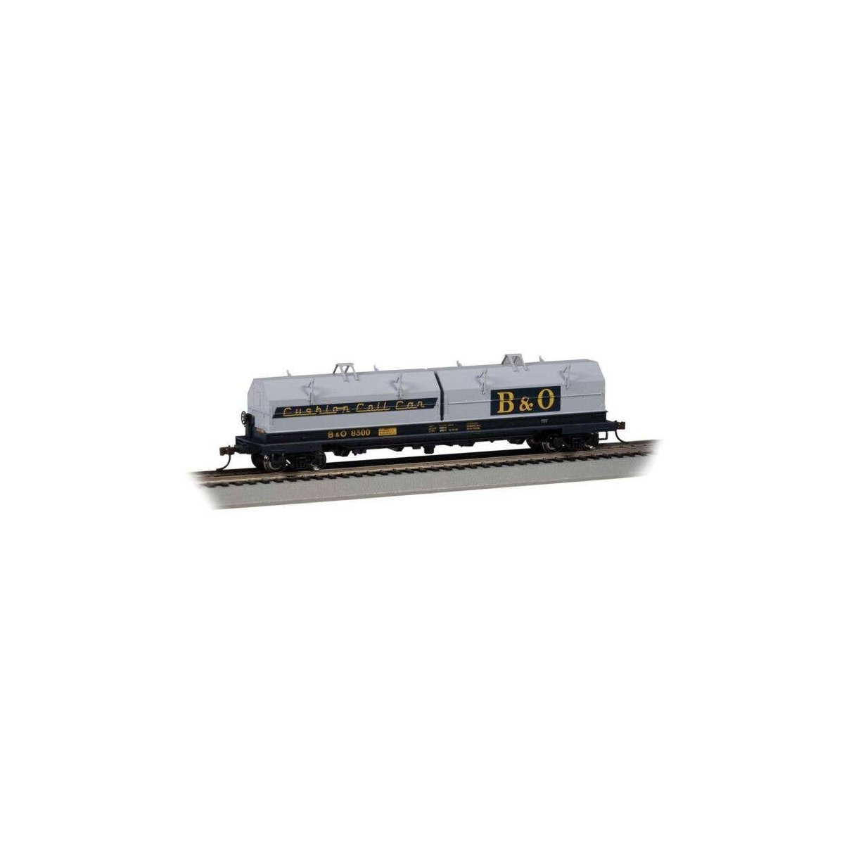 55′ Coil Car with Angled Hoods and Load - Ready to Run -- Baltimore & Ohio 8300 (blue, gray, yell, HO, Bachmann Industries 714