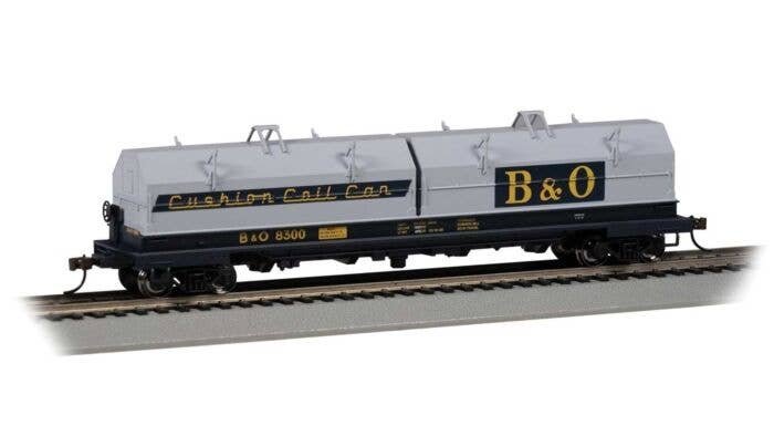 55′ Coil Car with Angled Hoods and Load - Ready to Run -- Baltimore & Ohio 8300 (blue, gray, yell, HO, Bachmann Industries 714