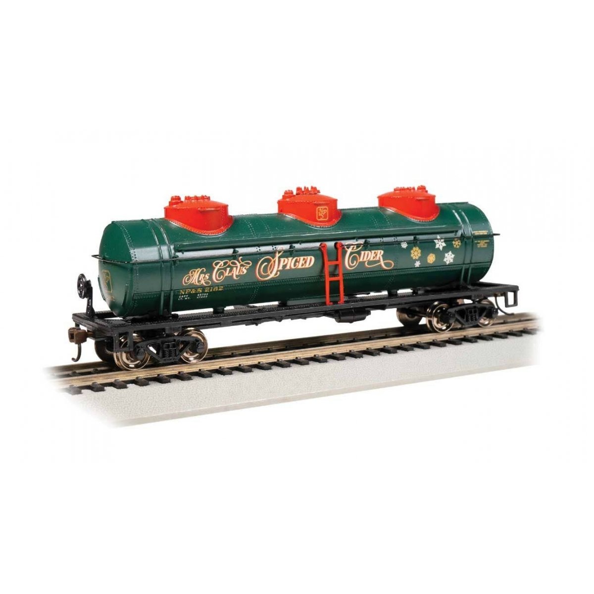 40′ 3-Dome Tank Car - Ready to Run - Silver Series(R) -- Mrs. Claus Spiced Cider NP&S 2162 (green, red, gold, silver Snowflake